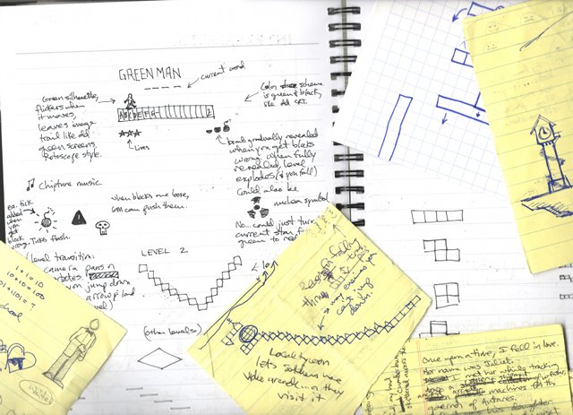 A picture of some hand-written notes and sketches about the game