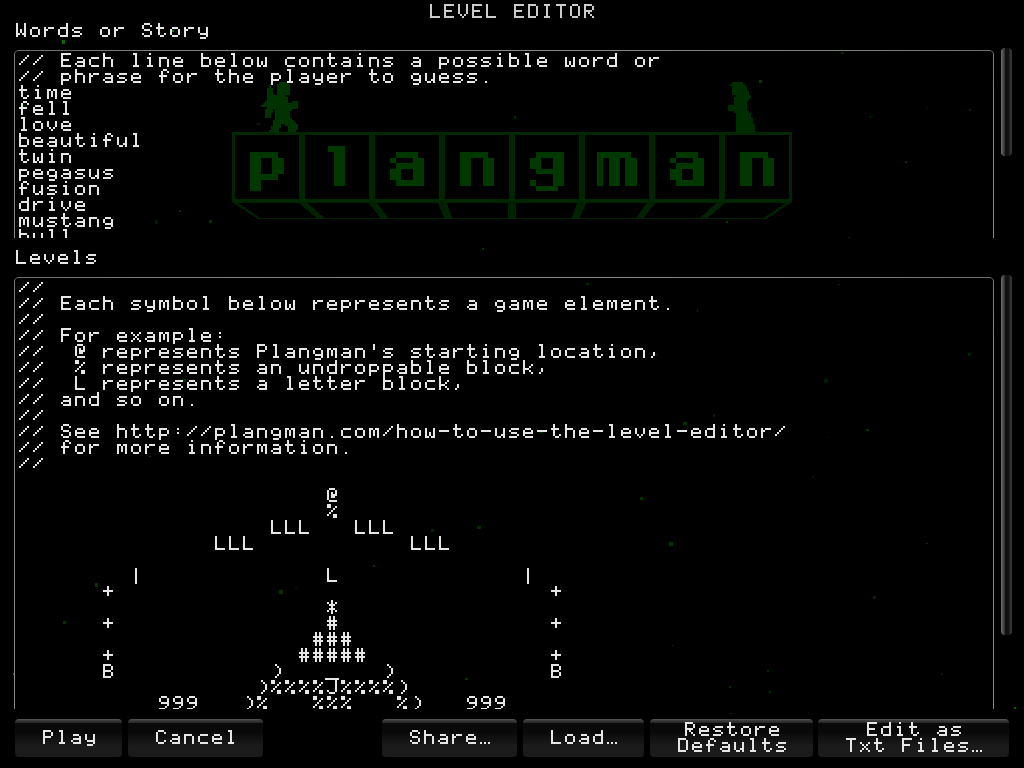 A screenshot of the Plangman Level Editor.